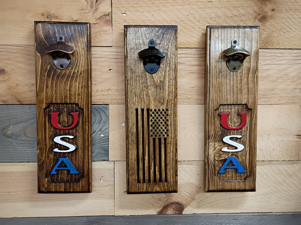 American Flag Wall-Mounted Bottle Opener – Rustic Wood Sign