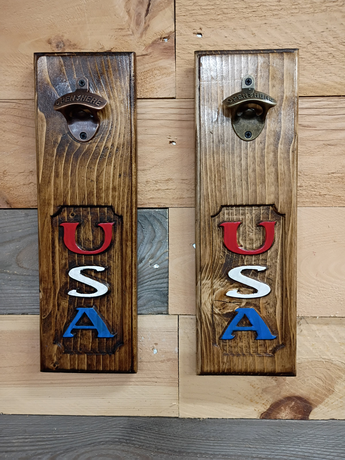 American Flag Wall-Mounted Bottle Opener – Rustic Wood Sign