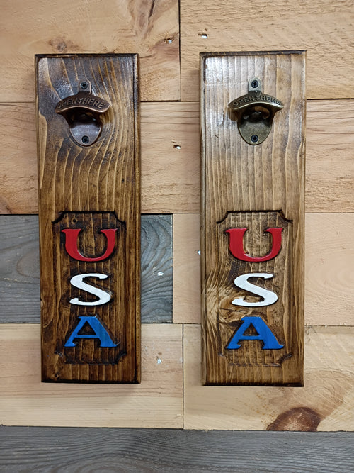 American Flag Wall-Mounted Bottle Opener – Rustic Wood Sign