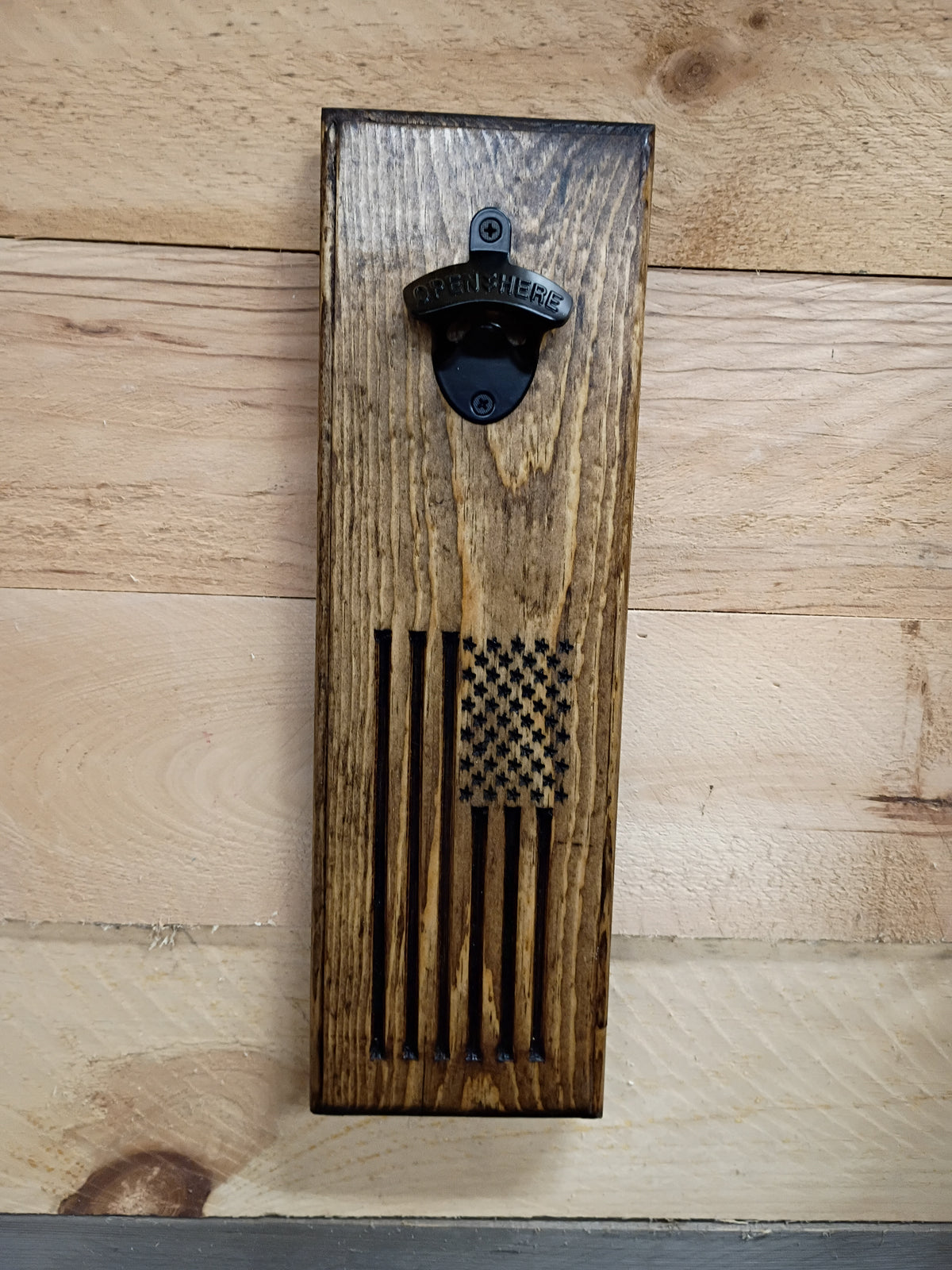 American Flag Wall-Mounted Bottle Opener – Rustic Wood Sign